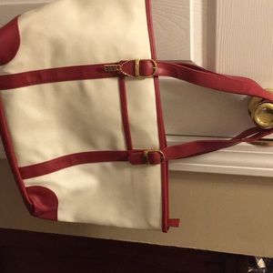 Red and white tote bag